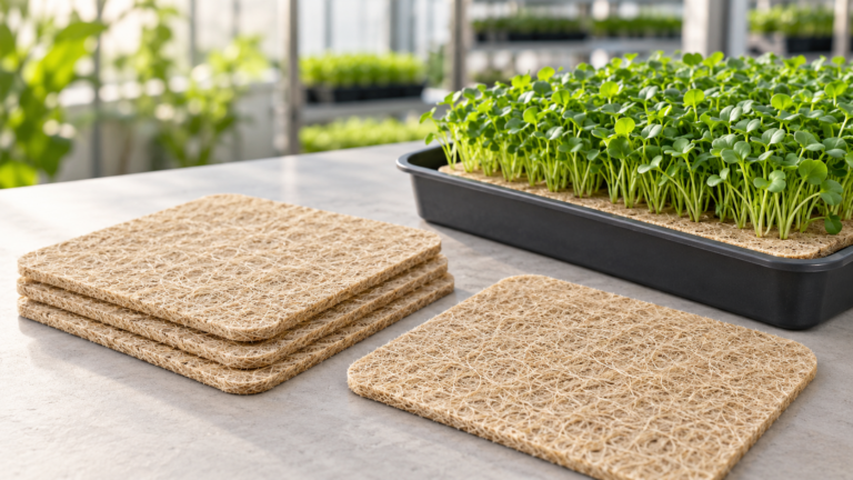 Hanffasermatten mit abgerundeten Ecken – individuelle Zuschnitte für Microgreens-Trays.